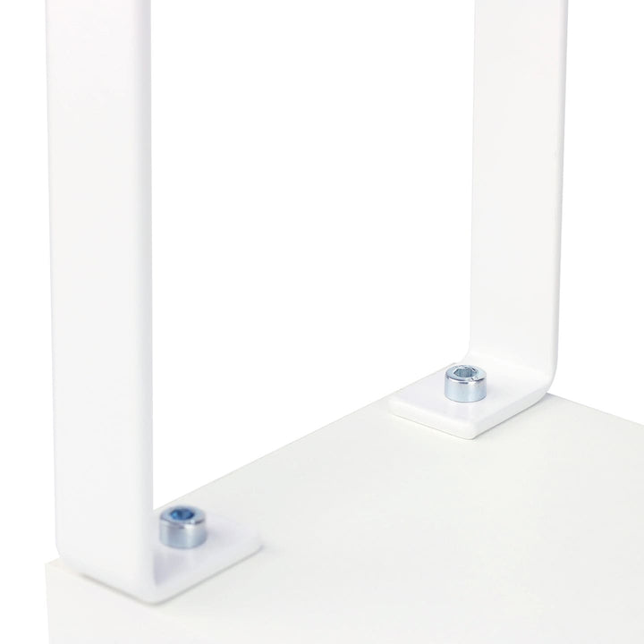 Mocowanie metalowej nogi do białej podstawy podpórki do manicure SPENVI Loft z widoczną śrubą zapewniającą stabilne i trwałe połączenie konstrukcji. #kolor_silver