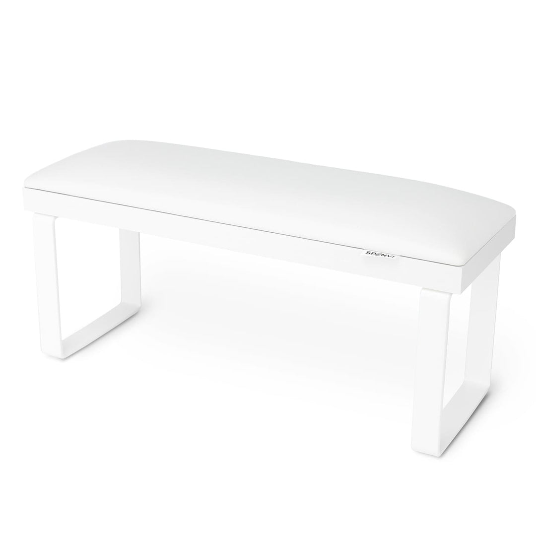 Biała podpórka pod rękę do manicure SPENVI Loft na białych metalowych nóżkach na białym tle. #kolor_white