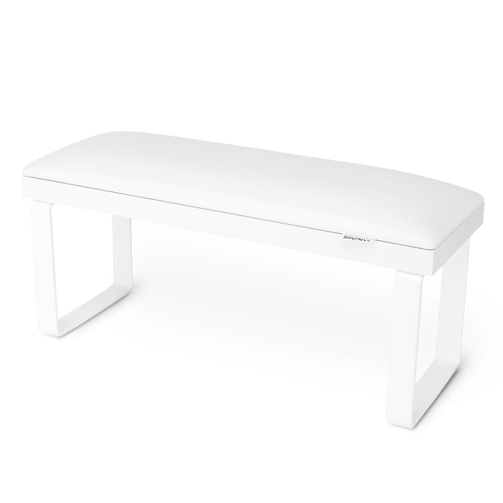 Biała podpórka pod rękę do manicure SPENVI Loft na białych metalowych nóżkach na białym tle. #kolor_white