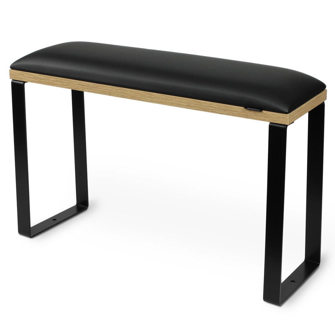 Podpórka do pedicure SPENVI Loft czarna z podstawą w wykończeniu naturalnego drewna i czarnymi metalowymi nogami na białym tle. #kolor_black