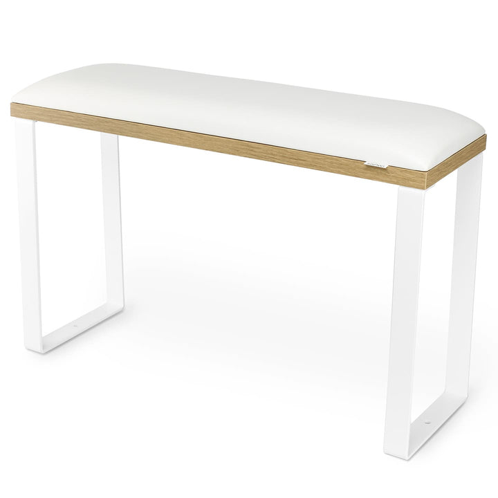 Podpórka do pedicure SPENVI Loft biała z podstawą w wykończeniu naturalnego drewna i białymi metalowymi nogami na białym tle.