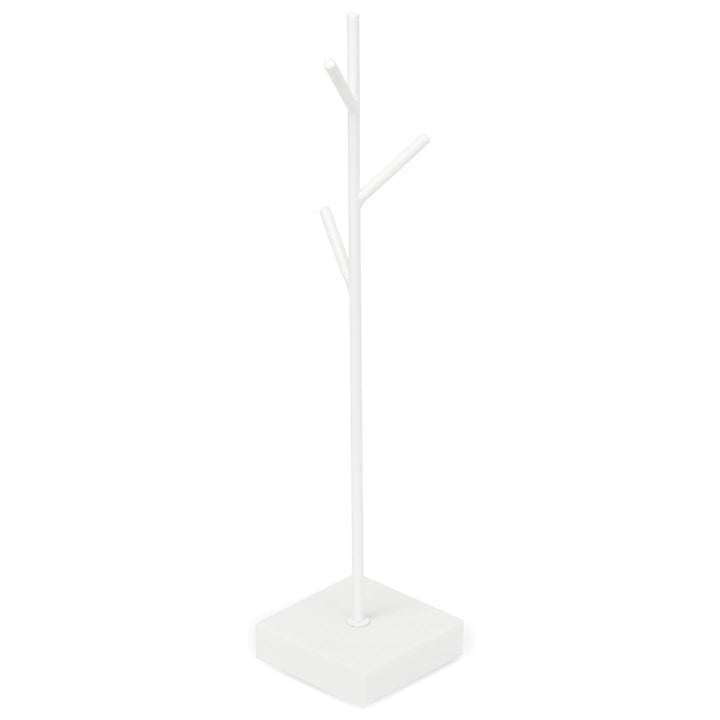 Biały stojak na wzorniki do paznokci SPENVI z metalową konstrukcją i kwadratową podstawą na białym tle. #kolor_white